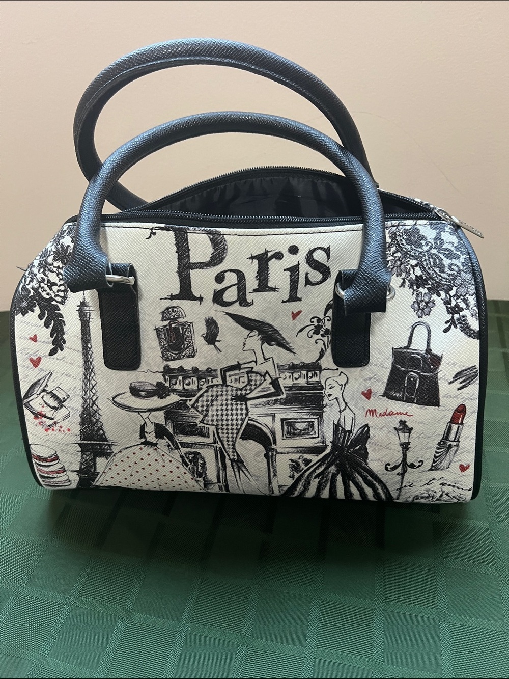 Paris Print Dome Satchel Handbag - Black & White